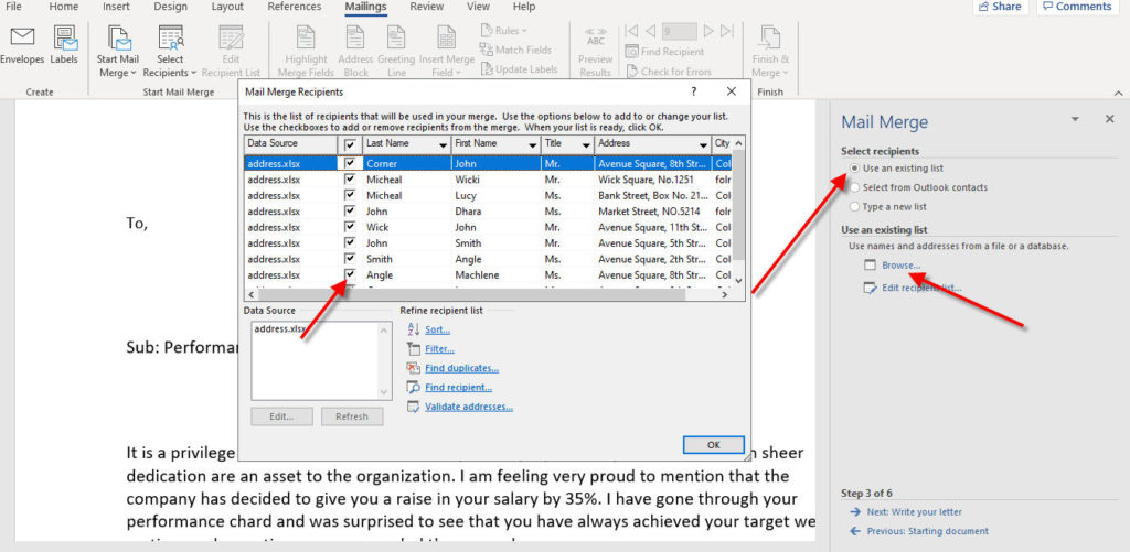 mail merge in excel